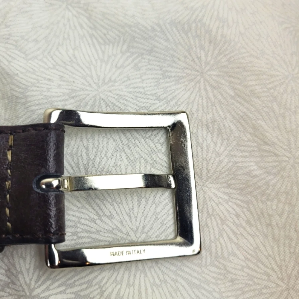 Espresso brown Italian leather belt square silver buckle minimal classic S/M